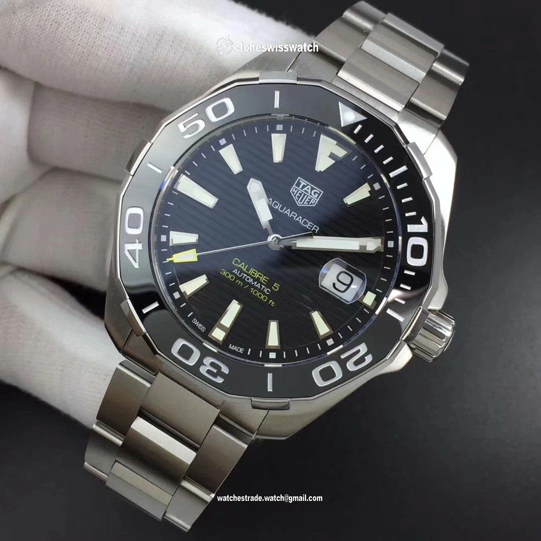 Aquaracer Calibre 5 SS 43mm KOR 1:1 Best Edition Black Ceramic Bezel Black Dial on SS Bracelet SW200