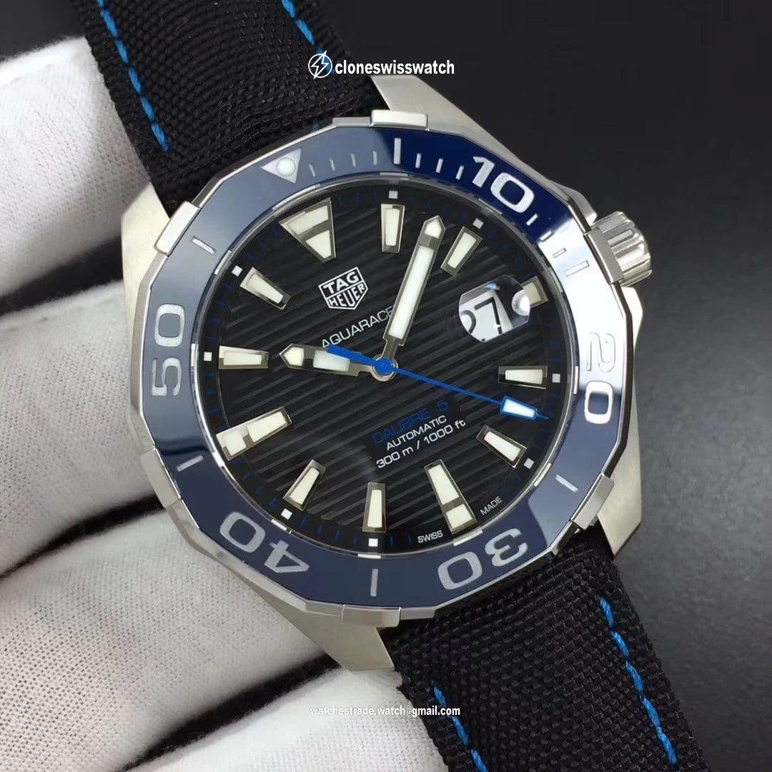 Aquaracer Calibre 5 SS 43mm OXF 1:1 Best Edition Ceramic Bezel Black Dial "Single Blue" on Nylon Strap SW200