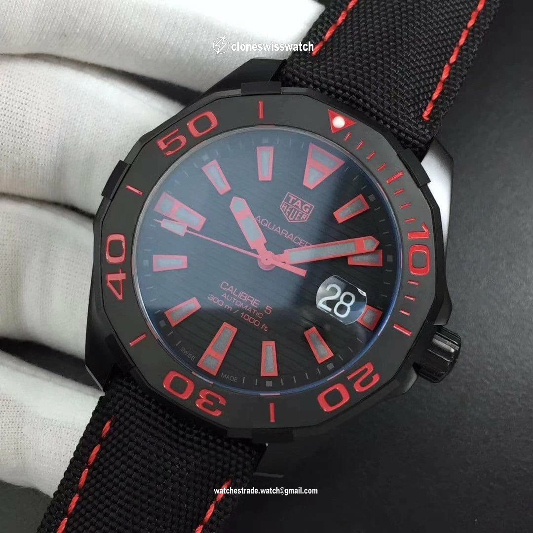 Aquaracer Calibre 5 PVD 43mm V6F 1:1 Best Edition Black/Red Dial on Brown Nylon Strap A2824