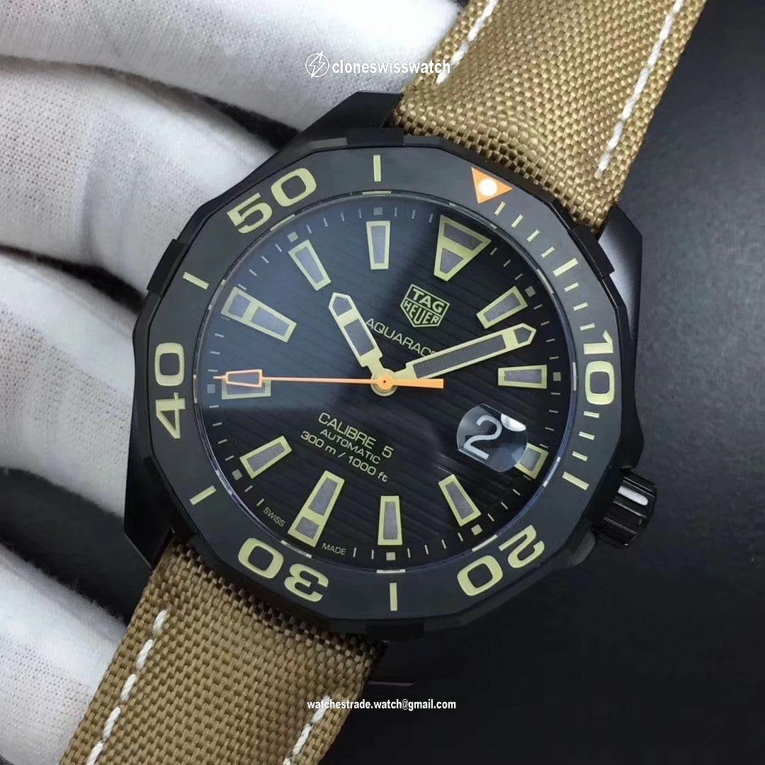 Aquaracer Calibre 5 PVD 43mm OXF 1:1 Best Edition Ceramic Bezel Black Dial on Brown Nylon Strap SW200