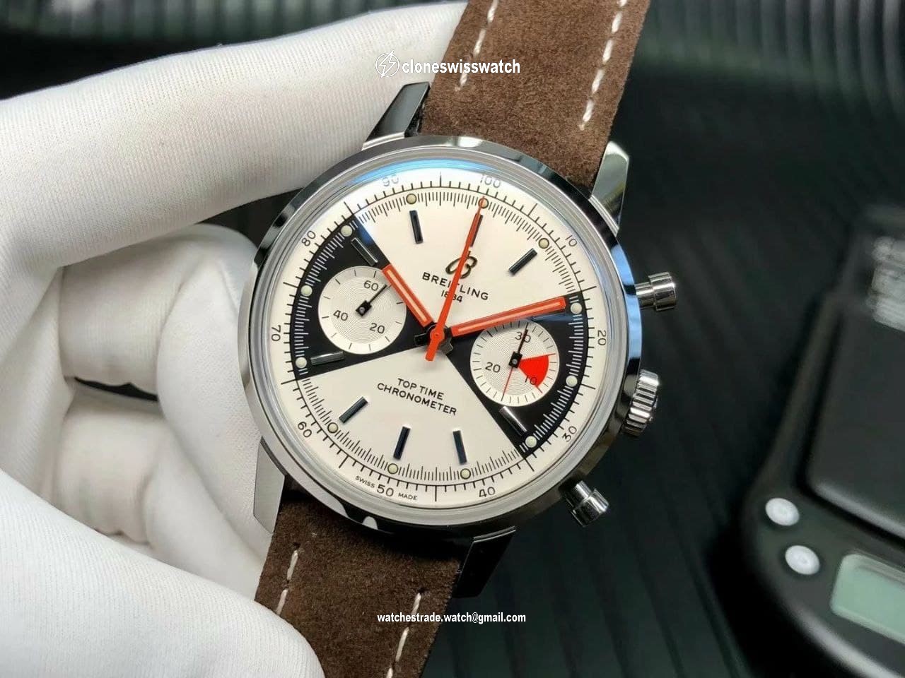 Top Time Chrono SS GF 1:1 Best Edition White Dial on Brown Leather Strap