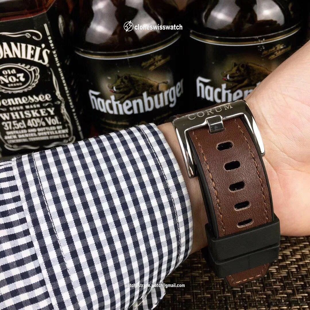 Corum Babble Case Silver Skull on Black Leather Strap
