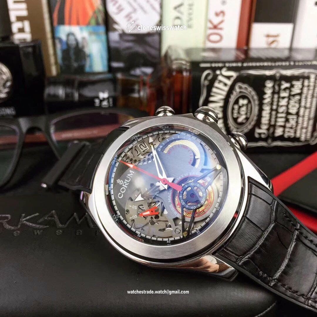 Coru Babble Case Black Skeleton on Black Leather Strap