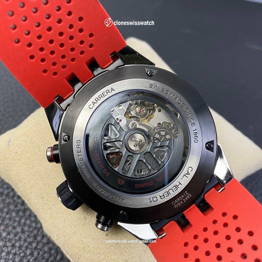 Calibre Heuer 01 Chrono SS/PVD XF 1:1 Best Edition Skeleton Dial Red Hand on Red Rubber Strap