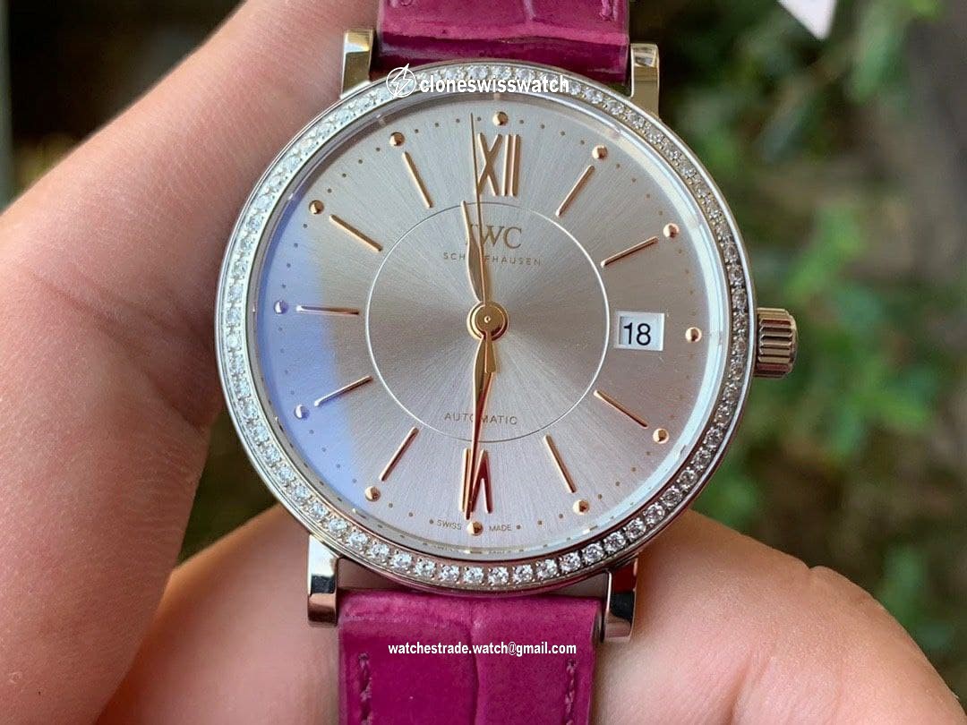 Portofino 37mm SS V7F 1:1 Best Edition White Dial Diamonds Bezel on Pink Leather