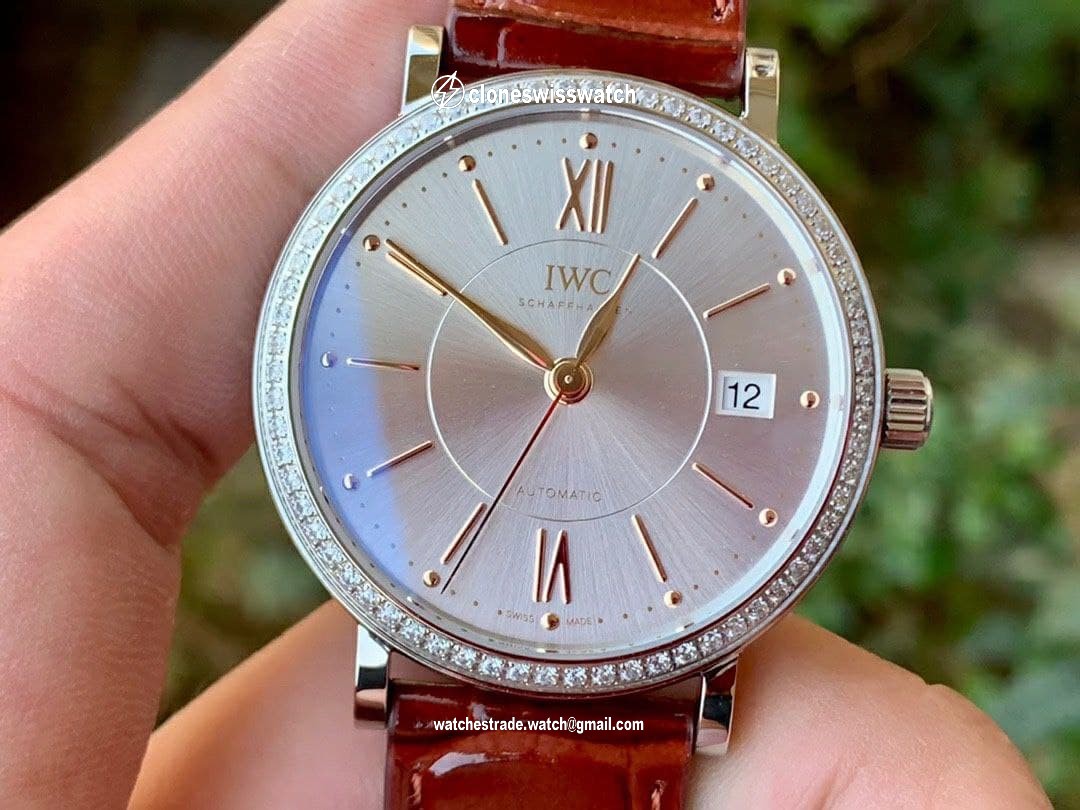 Portofino 37mm SS V7F 1:1 Best Edition White Dial Diamonds Bezel on Brown Leather Strap