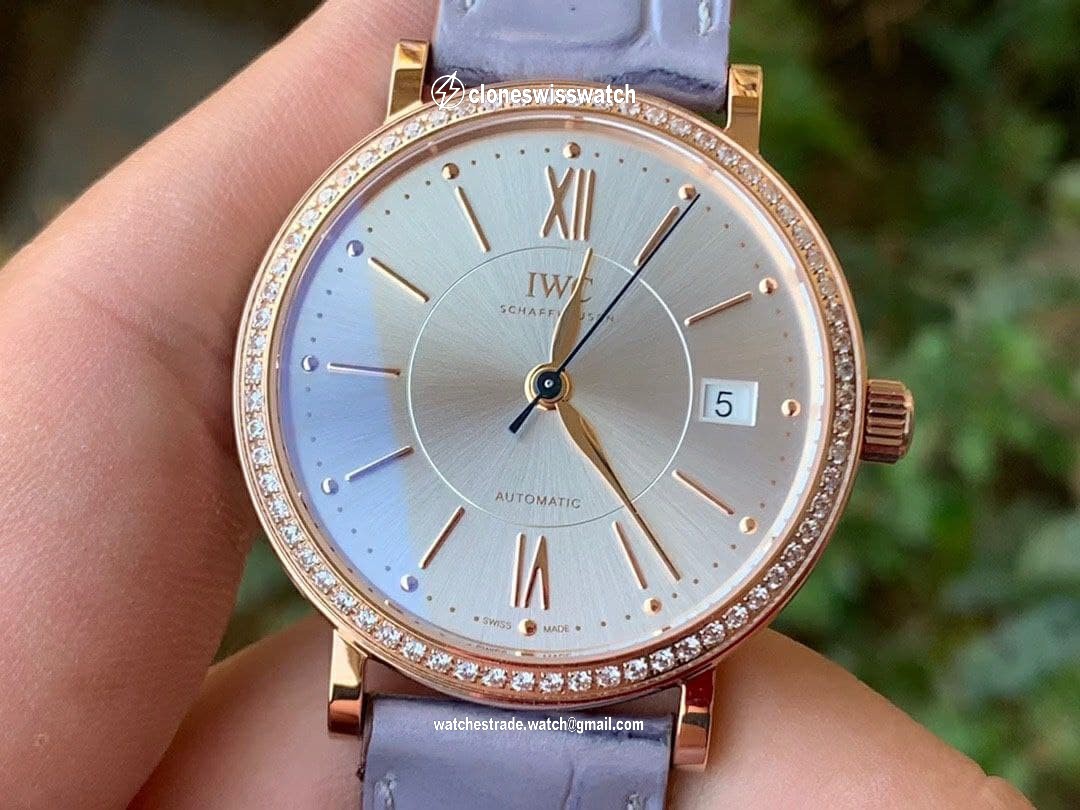 Portofino 37mm RG V7F 1:1 Best Edition Silver Dial Diamonds Bezel on Gray Leather Strap