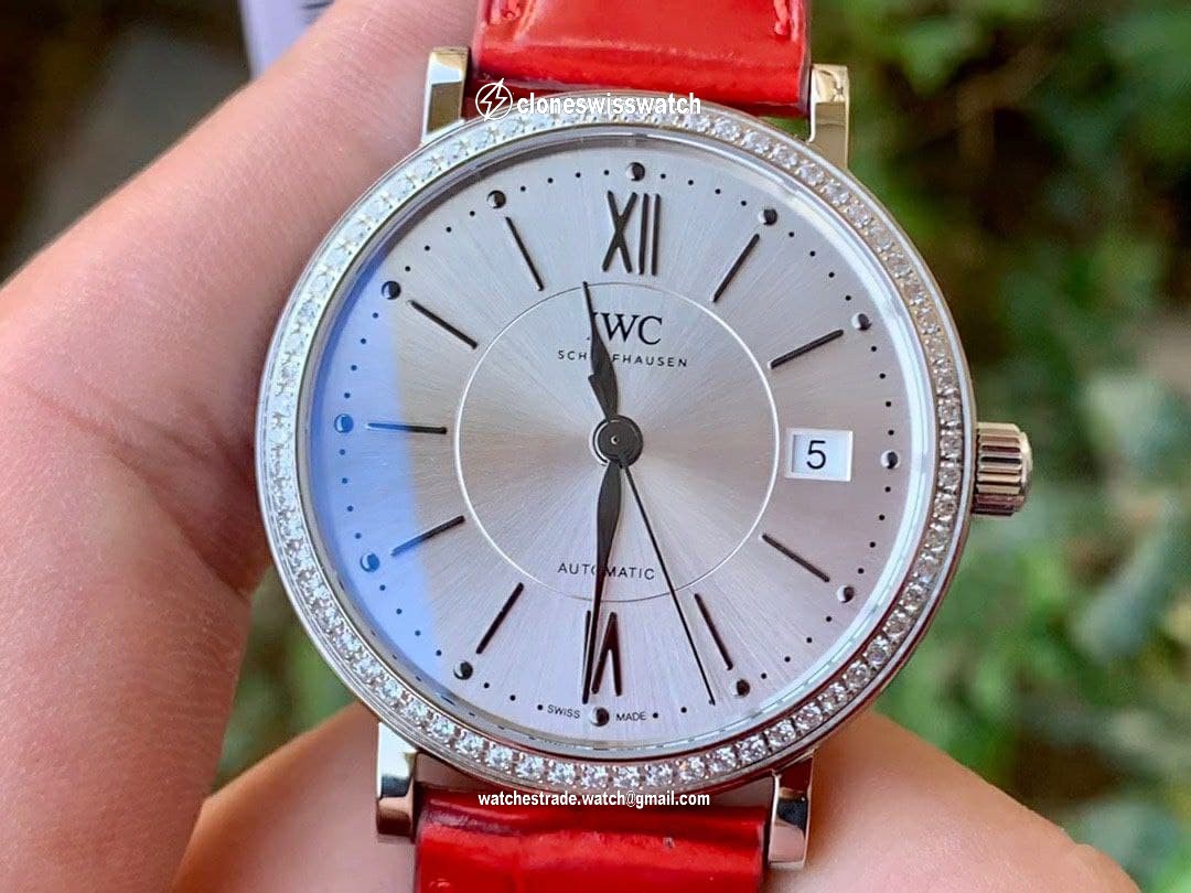 Portofino 37mm SS V7F 1:1 Best Edition White Dial Diamonds Bezel on Red Leather Strap