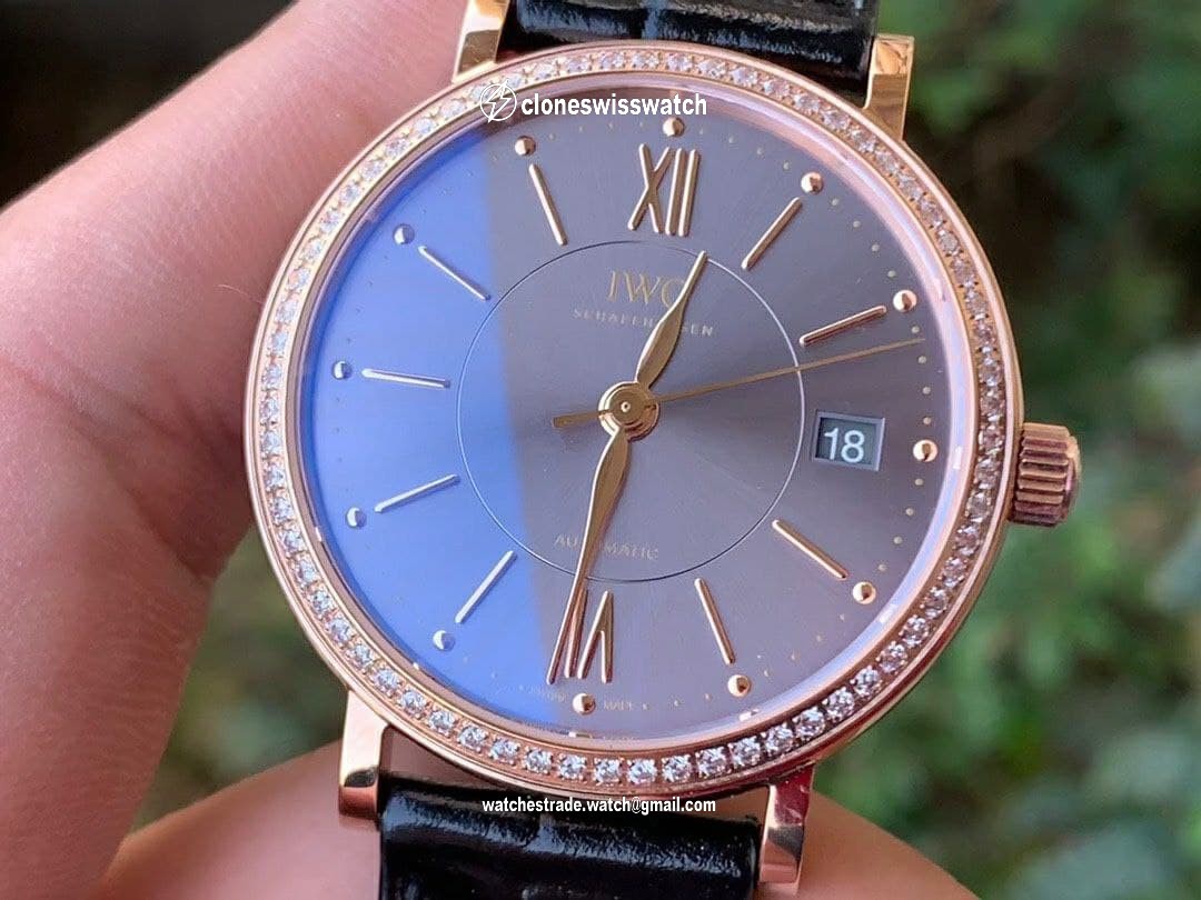 Portofino 37mm RG V7F 1:1 Best Edition Gray Dial Diamonds Bezel on Black Leather Strap