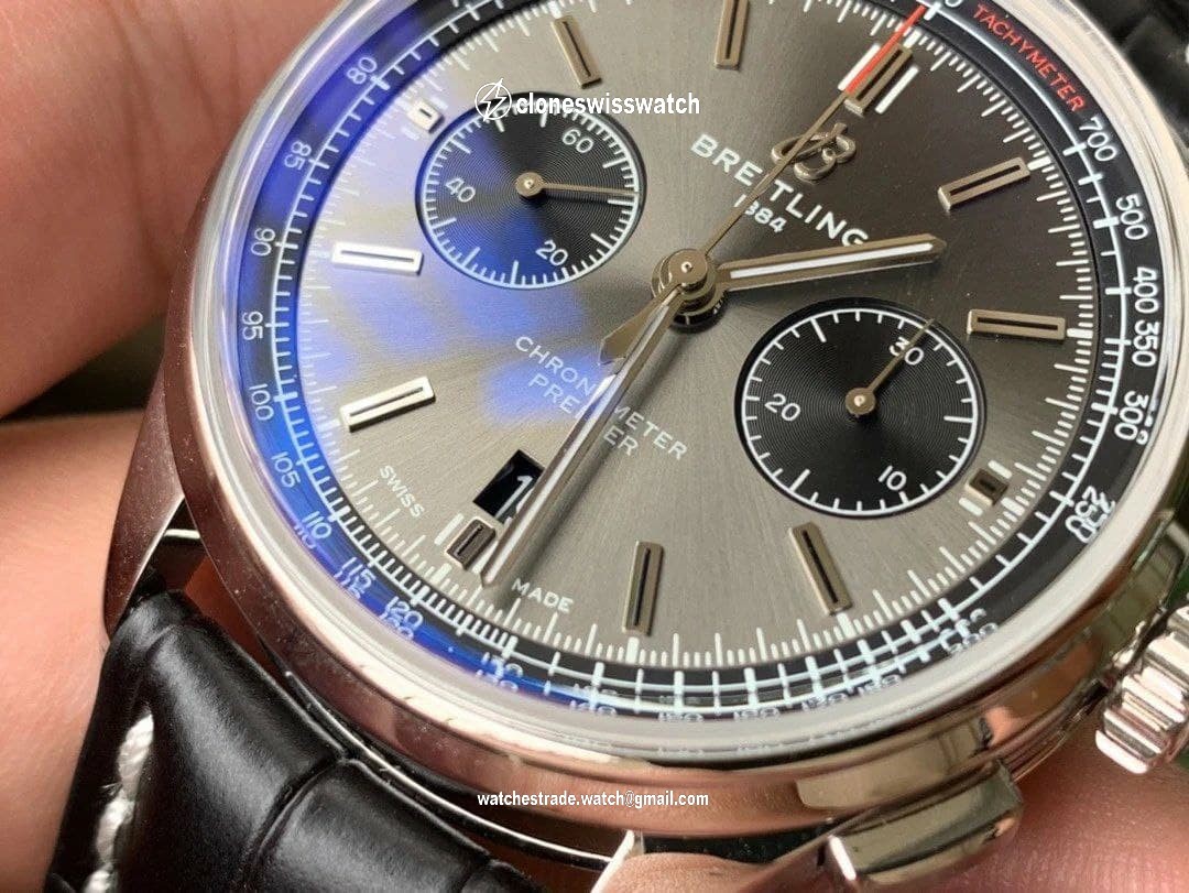 PREMIER B01 CHRONO SS 42MM GF 1:1 BEST EDITION WHITE/Grey DIAL ON BLACK LEATHER STRAP