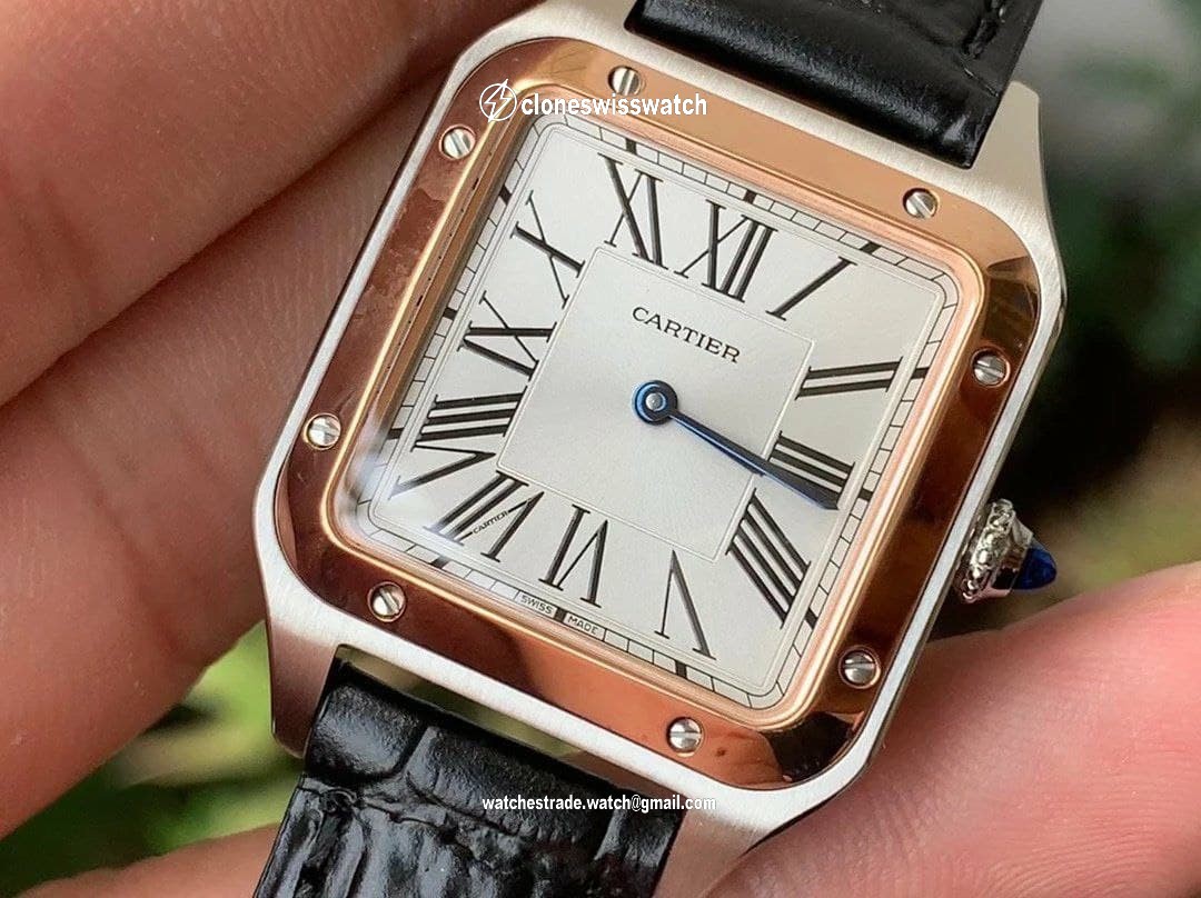 Santos 27.5mm SS/RG XF 1:1 Best Edition Silver Dial on Black Croco Strap Ronda Quartz